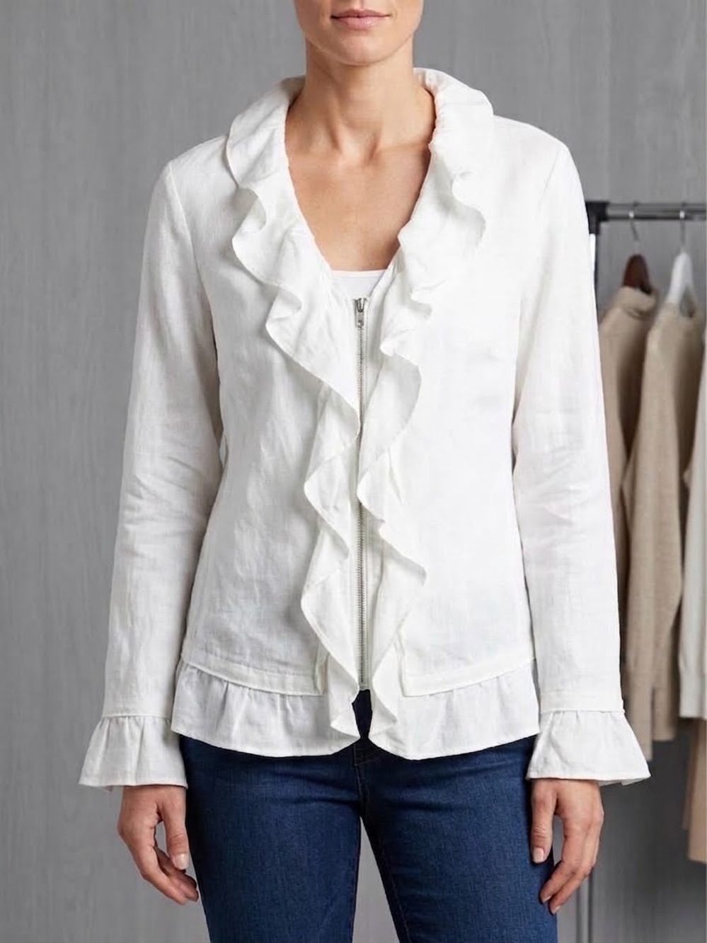 New York and Company white jacket with ruffles women’s size XL